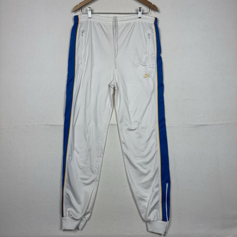 Vintage 80’s Puma Track‎ Pants Embroidered Logo White Blue Yellow